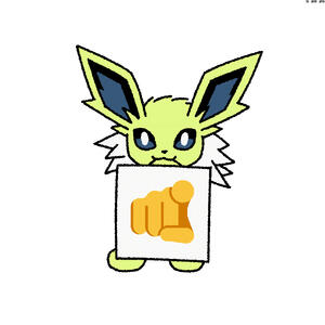 A shiny jolteon holds a sign displaying a finger pointed at the viewer.
