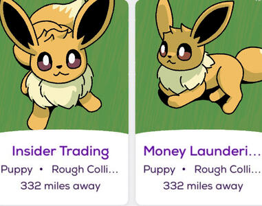 A twitter post captioned "beautiful siblings insider trading and money laundering" has been redrawn with the subjects as eevee.