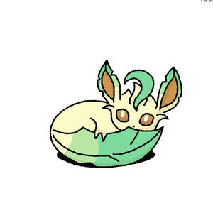 A leafeon is lying down with its tail wrapped around itself.