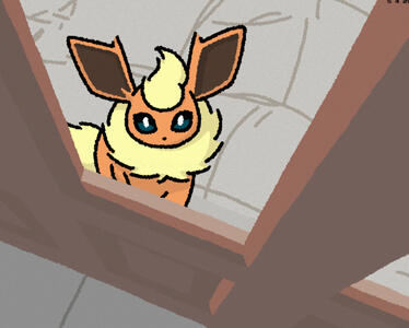 A reddit post captioned "Found this creature outside of my abode" has been redrawn with the subject as a flareon.