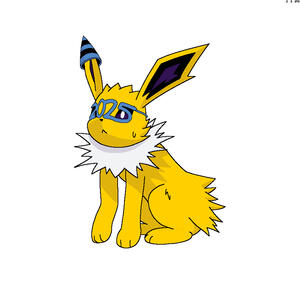 A jolteon is wearing New Year's glasses and a party hat.