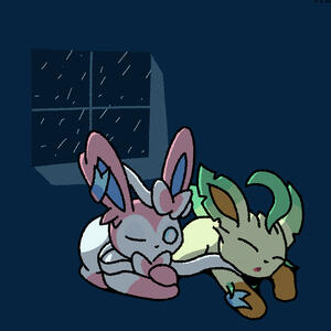 A sylveon comforts a leafeon during a thunderstorm.