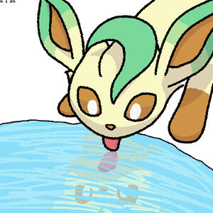 A leafeon watches its reflection as it laps up water from a puddle.