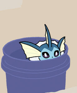 A tumblr post captioned "the bucket is included in your purchase | Little bucket baby coming in with an incredible 2 for 1 deal! Get this kitty and their bucket for only $25.99 today!" has been redrawn with the subject as a vaporeon.