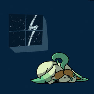 A leafeon hides itself as a lightning bolt strikes outside the window.