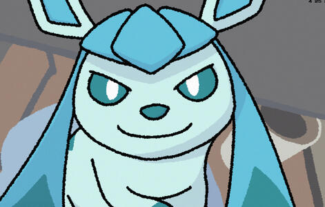 A twitter post with the caption "why is his face so Large." has been redrawn with the subject as a glaceon.
