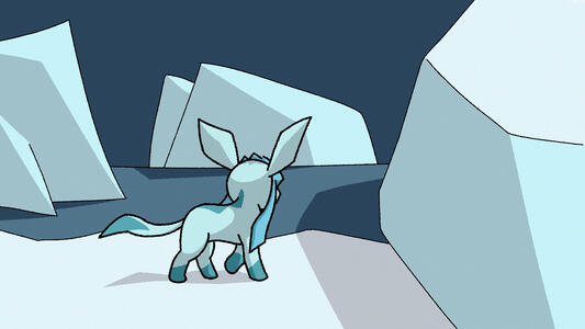 Surrounded by icebergs, a glaceon looks out to sea under the moonlight.
