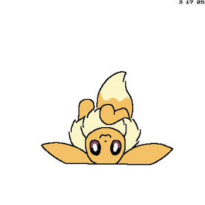 An eevee looks at the viewer while lying on its back.