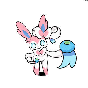 A sylveon uses its feelers to give an oran berry to the viewer.