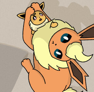 A reddit post captioned "I was promised a quiet afternoon―what's this noise?" has been redrawn with the subjects as a flareon and an eevee.