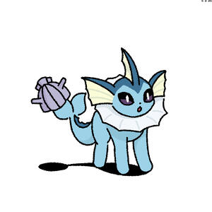 A shellder clamps down on a vaporeon's tail.