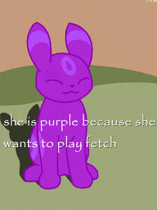 An image captioned "she is purple because she wants to play fetch" has been redrawn with the subject as an umbreon.
