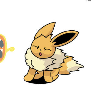 A fan rotom blows air at an eevee.